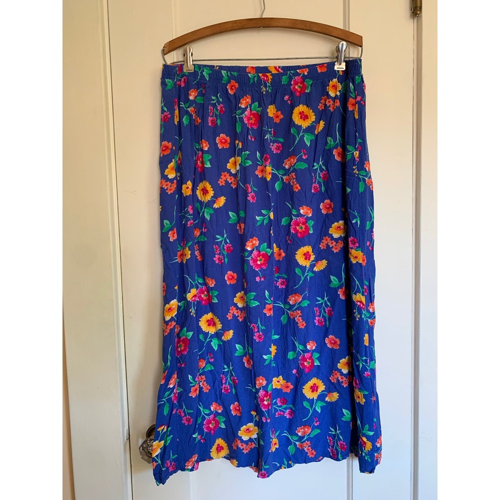 Two Twenty Vintage Floral Midi Skirt Periwinkle Blue Rayon XL Made in USA
